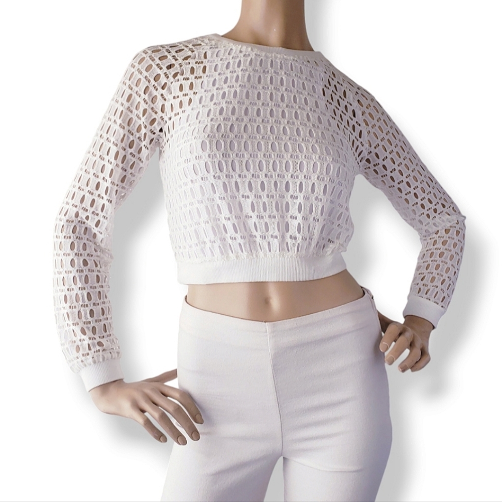 White Open Mesh Crotchet Like Cropped Long Sleeve Blouse by Deco Style